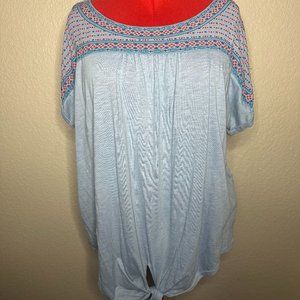 Tempted Hearts Blue Colored Boho Embroidered Top with Tie Front Plus Size 3X